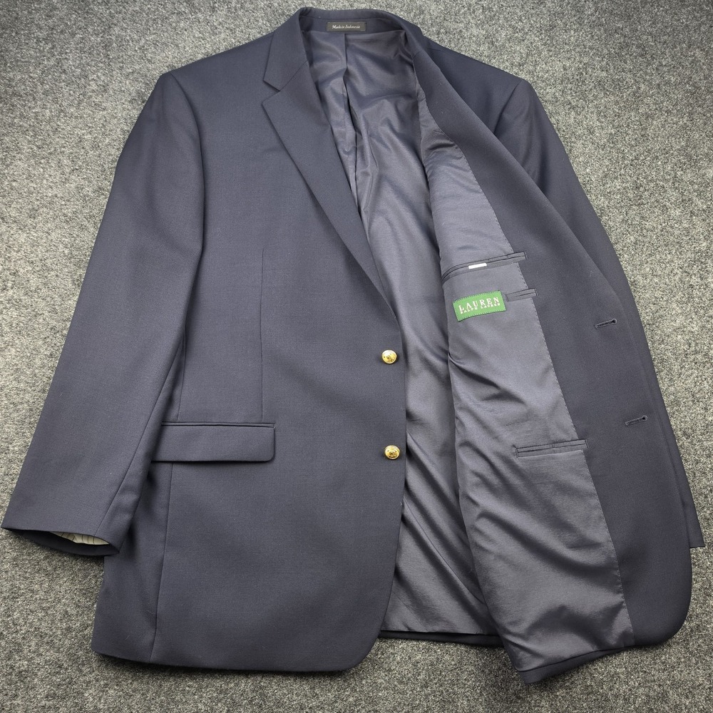Lauren Ralph Lauren Blazer 46L Navy Blue 100% Wool Gold Buttons Mens